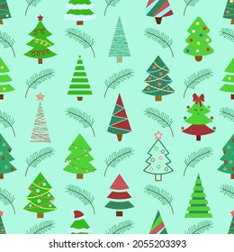 Christmas trees pattern. New Year seamless green background with pines, firs, tree branches. Vector illustration.