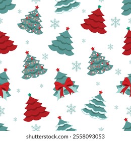 Christmas trees pattern New Year and Christmas different decorated tree seamless pattern Winter Falling snowflakes confetti texture New year tree with hanging balls and led lights with snow and ribbon