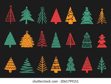 Patrón de árboles de Navidad en fondo negro. Conjunto de abetos de color, diseño plano en vector. Año Nuevo sin problemas.