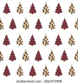 Christmas trees  pattern, transparent background. Design  elements for printing greeting cards, textile. Happy New Year Cheetah or  Leopard Print and Buffalo Plaid Christmas Tree. 
