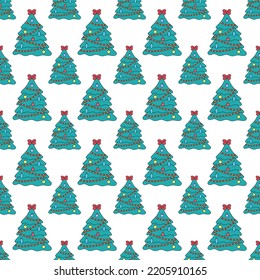 Christmas trees pattern. Vector doodles seamless background with outline hand drawn Christmas holiday symbols. Xmas design elementss. Doodle repeat illustration.