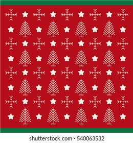 Christmas trees pattern. Vector illustration.Red Christmas pattern with small stars, snow and Christmas trees