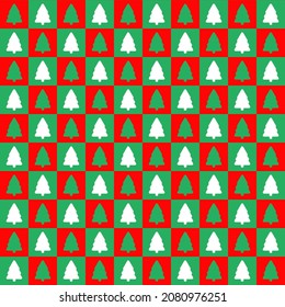Christmas trees pattern in white and red color on green background. 
