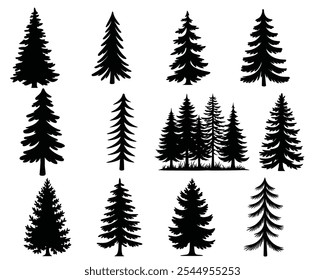 Christmas Trees Pictogram Set, Pine Tree Silhouette.