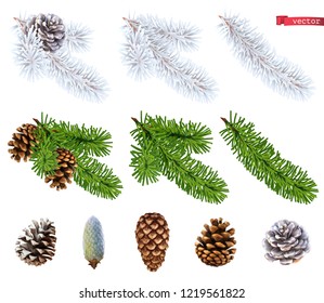 Christmas Trees And Pine Cones. 3d Realistic Vector Icon Set