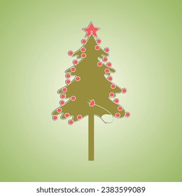 Christmas trees, pines for greeting card, invitation, banner, web. New Years and xmas traditional symbol tree with garlands, light bulb, star. Winter holiday. Icons collection