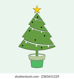 Christmas trees, pines for greeting card, invitation, banner, web. New Years and Xmas traditional symbol tree with garlands, light bulb, star. Winter holiday. Icons collection