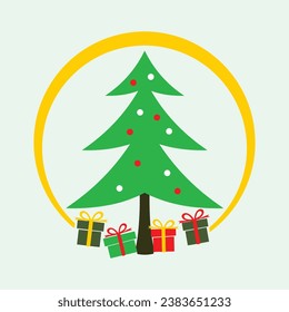 Christmas trees, pines for greeting card, invitation, banner, web. New Years and Xmas traditional symbol tree with garlands, light bulb, star. Winter holiday. Icons collection