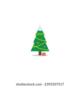 Christmas trees, pines for greeting cards, invitations, banners, web. New Year and xmas tree traditional symbols with garlands, light bulbs, stars. Winter holidays