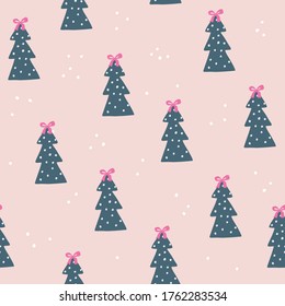 Christmas trees and pink bows modern seamless vector pattern 