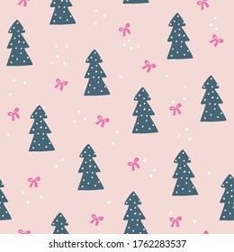 Christmas trees and pink bows modern seamless vector pattern 