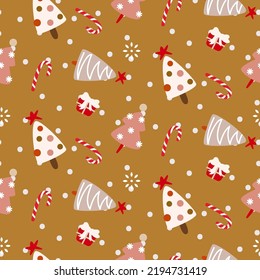 Christmas trees pink mustard seamless pattern. Xmas wrap paper background with snow and gifts.