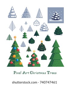 Christmas trees pixel art icons for greeting card design. Isolated vector illustration.