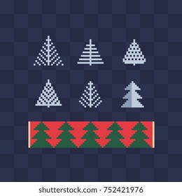 Christmas trees pixel art icons. Isolated vector illustration. Knitted scarf design.