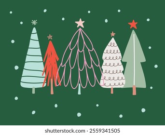 Christmas trees postcard. Christmas card with hand drawn doodle trees. Modern Christmas tree illustration. Festive greeting card.