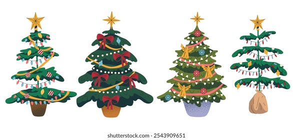 Christmas trees in a pot or planter, vector set. New Year tree icons decorated with toys and garlands or lights. Festive isolated stickers for holiday design. Natural or faux fir tree decor for Xmas.