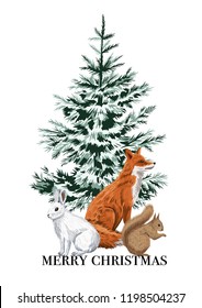 Christmas trees, red fox, white rabbit and squirrel greeting card. Merry Christmas winter illustration.