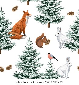 Christmas trees, red fox, white rabbit,  squirrel and bullfinch floral seamless pattern white background. Winter forest wallpaper.