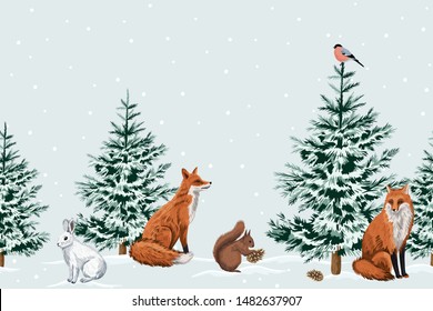 Christmas trees, red fox, white rabbit, squirrel, bullfinch floral seamless border blue background. Winter forest wallpaper.