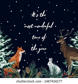 Christmas trees, red fox, white rabbit, deer, fir branch greeting card. Winter night  forest illustration.