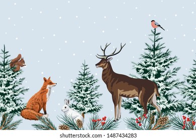 Christmas trees, red fox, white rabbit, squirrel, bullfinch, deer floral seamless border blue background. Winter forest wallpaper.