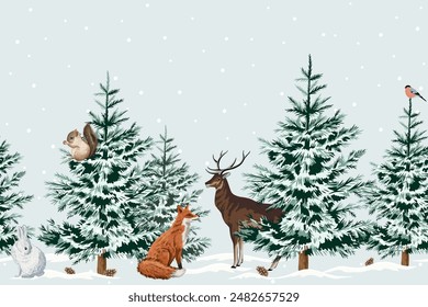 Christmas trees, red fox, white rabbit, squirrel, bullfinch, deer animal floral seamless border blue background. Winter forest mural.