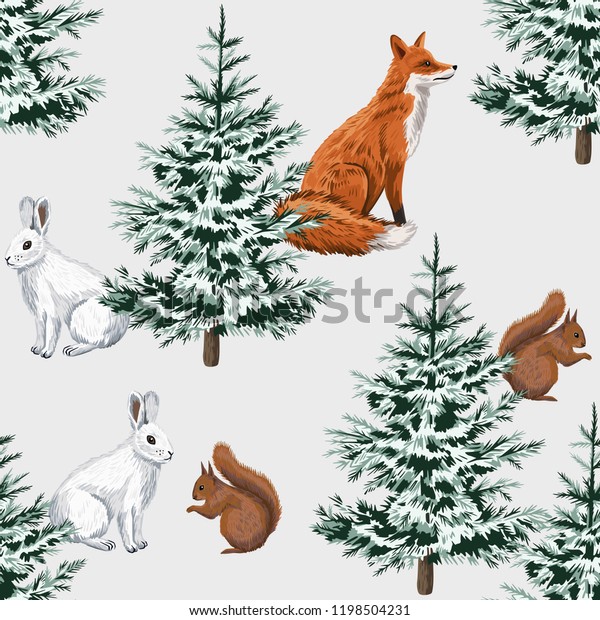 Christmas Trees Red Fox White Rabbit Stok Vektör (Telifsiz) 1198504231