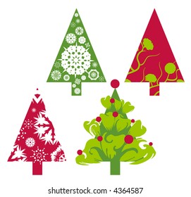 Christmas trees in red and green with floral swirls and snowflakes elements and shapes