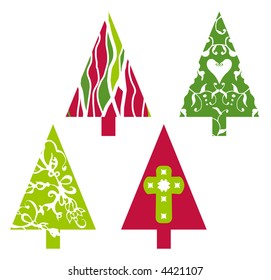 Christmas trees in red and green with floral swirls, heart and cross shapes