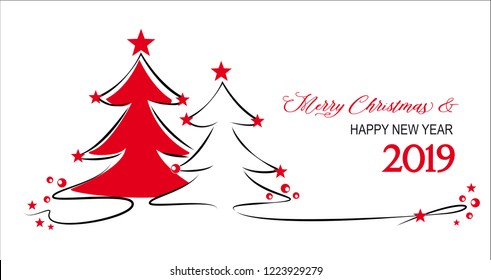 christmas trees with red stars - merry christmas - happy new year - 2019