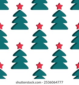 Christmas trees with red stars seamless pattern on a white background. Cute Christmas pattern in cartoon style. Background with fir trees for banners, greeting card, wrapping paper, textile print