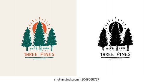 Christmas trees with red sun emblem or badge. Fir forest. Engraved hand drawn in old vintage sketch. Doodle Wooden travel logo. Hiking sticker. 