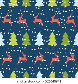 Christmas trees and Christmas reindeer silhouettes. Holiday Seamless Pattern. Vector illustration.