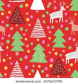 Christmas trees, reindeers pattern on red background. Hand drawn Christmas pattern in cut out style