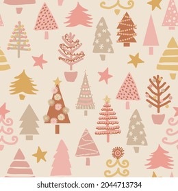 Christmas trees repeat vector pattern in neutral warm shades