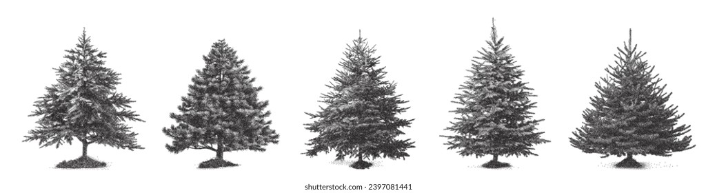 Árboles de Navidad con efecto de peinado retro. Ilustración vectorial de moda para el collage con textura fotocopiadora vintage. Grave, ruidoso, arenoso diseño para pancarta de punk grunge, afiche, plantilla, medios sociales.
