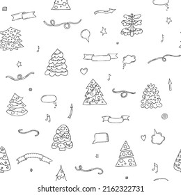 Árboles de Navidad y cintas. Patrón sin foco con elementos de doodle de invierno. Ánimo de invierno. Hola 2023. Feliz Navidad y Feliz Año Nuevo. 