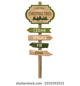 Christmas trees road sign with arrows.  Fresh farm wooden pointer with signs spruce, pine, fir, cedar. Illustrated vector clipart.