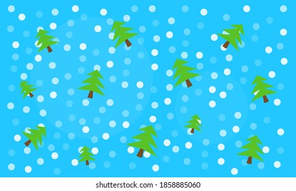 Christmas trees and round falling snow on a blue background wallpaper for design concept of winter holidays