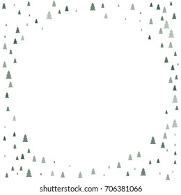 christmas trees round frame background, Evergreen fir trees vector illustration isolated on white, spruce, conifer green icons, Multiple coniferous trees. Holidays circle border