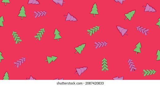 Christmas trees are scattered on a colorful red background. Merry Christmas and Happy New Year seamless pattern.