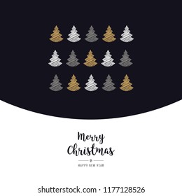 christmas trees scribble drawing greeting black gold background