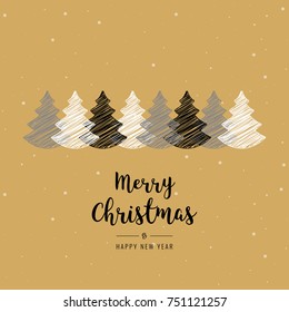 christmas trees scribble drawing greeting card golden background