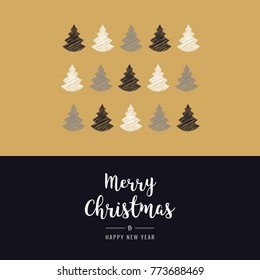 christmas trees scribble drawing greeting black gold background