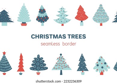 Los árboles navideños bordean perfectamente muchas formas y colores diferentes. Año nuevo y acogedor patrón invernal. Ilustración plana vectorial.