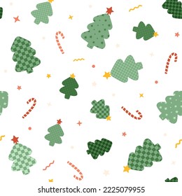 Christmas trees seamless pattern. Candy cane, tinsel, stars and green fir trees with retro checkered pattern. Cute vector illustration. New Year background.