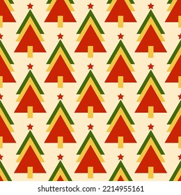 Patrón de árboles de Navidad sin costura. Árboles de Navidad coloridos en un fondo beige. Feliz Año Nuevo. Fondo de Navidad. Diseño festivo para impresión en papel envolvente, tela, embalaje. Ilustración del vector