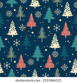 Christmas trees seamless pattern. Colorful christmas trees and snowflake on blue background. Design for textiles, wrapping paper. Vector illustration