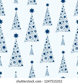 Christmas trees seamless pattern decorated with stars, snowflakes and beads. Light background. Design for textiles, packaging materials.