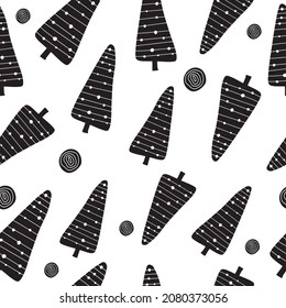 Christmas trees seamless pattern drawn by hand in linear style